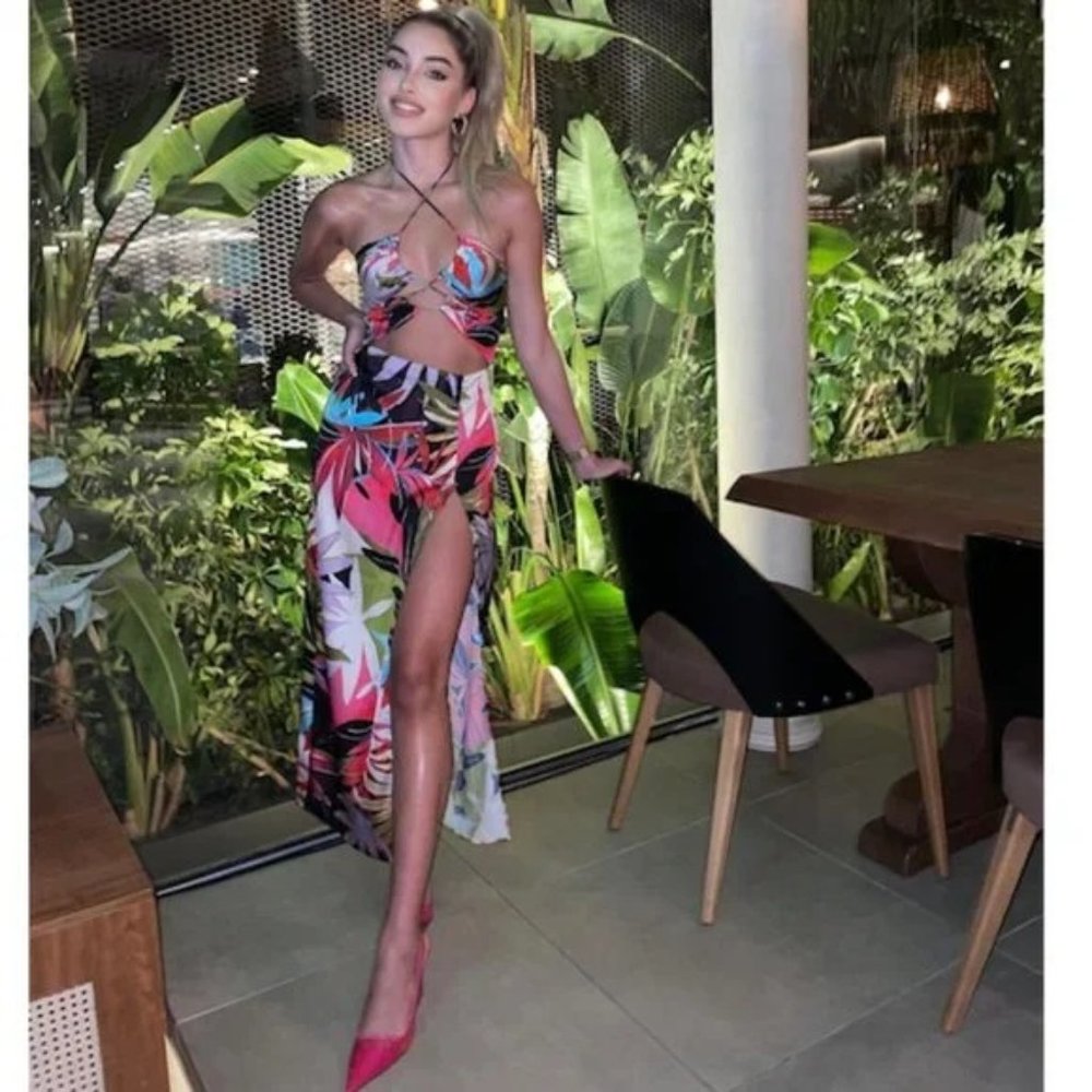 Zara Tropical Print Cut Out Dress
